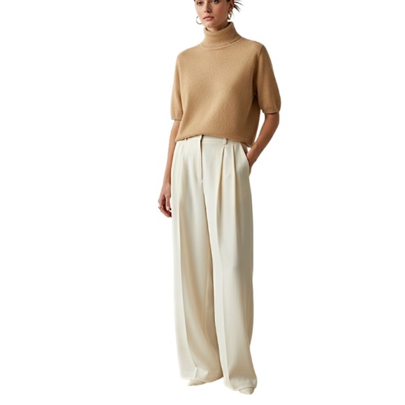 100% cashmere camel tan short sleeve old money cropped turtleneck sweater M - Picture 3 of 14